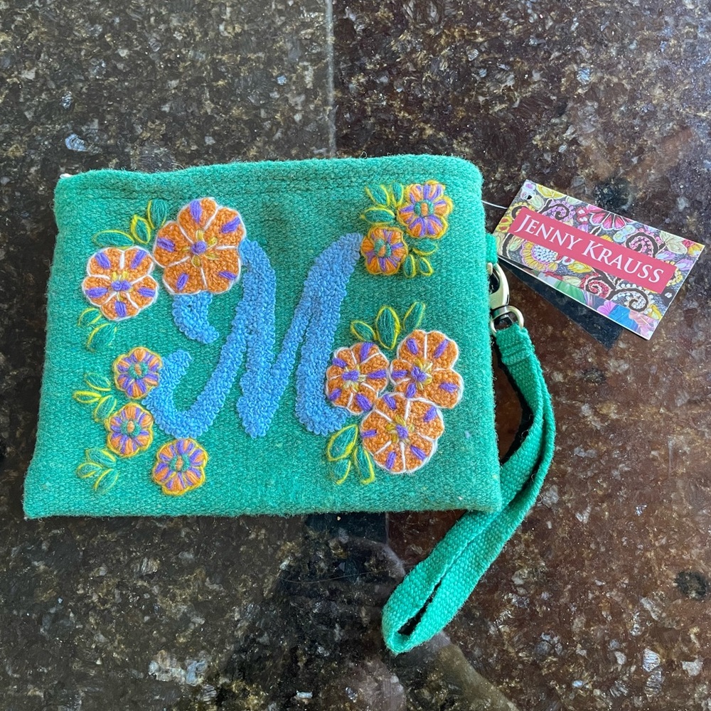 Jenny Krauss embroidered initial “M” wool clutch